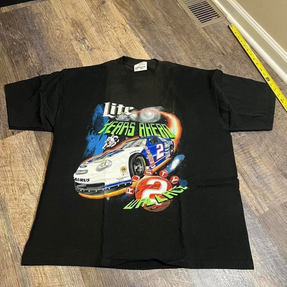 Vintage 1990s Rusty Wallace Miller Lite NASCAR T-Shirt XL Black Competitors View